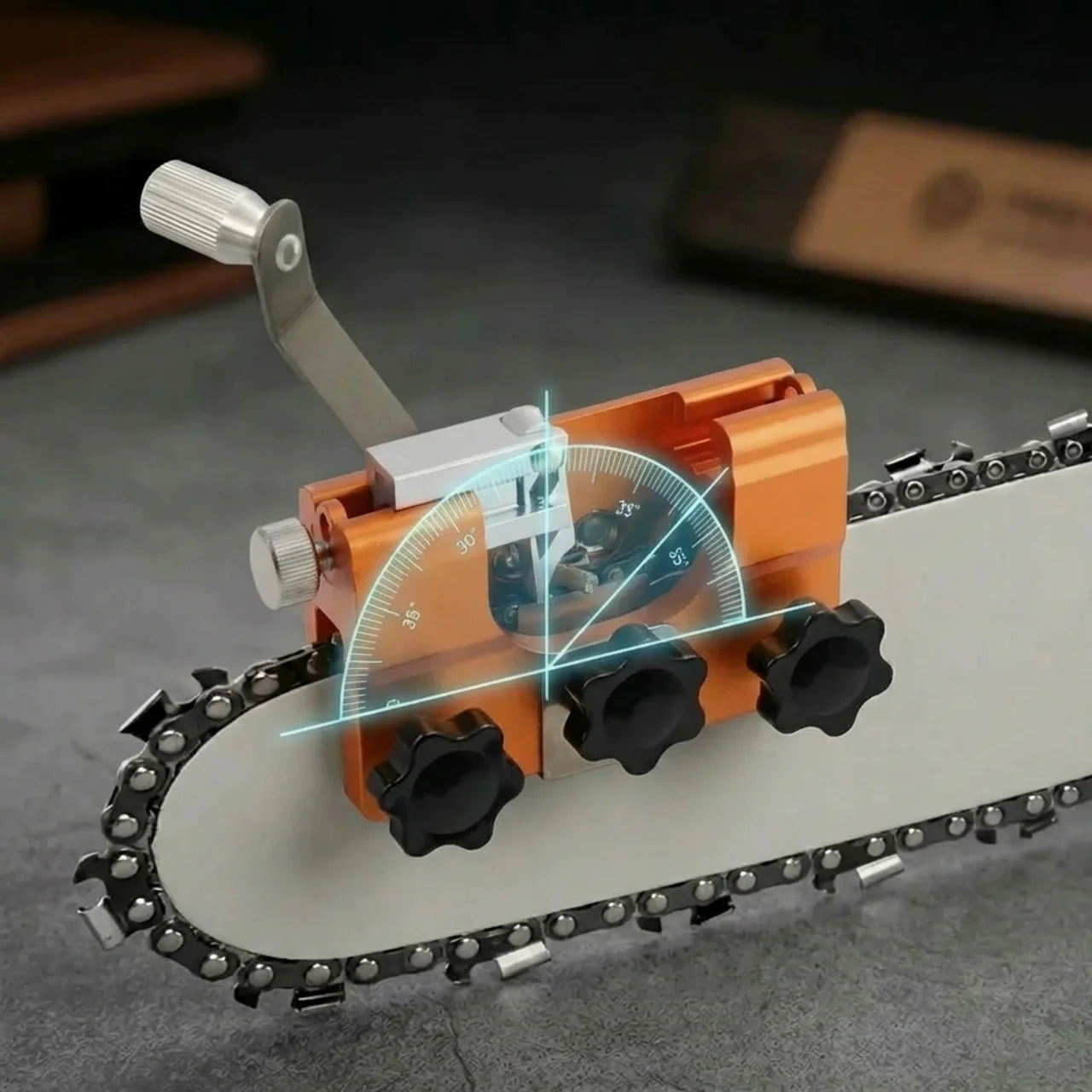 Factory-angle lock guide on the chainsaw sharpener